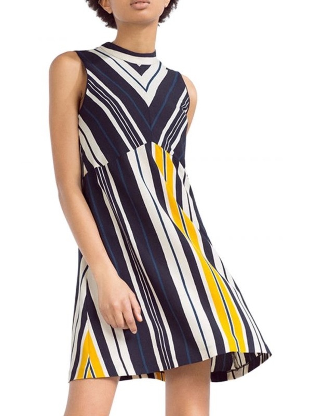 Zara Color block Navy, White & Yellow Striped Sleeveless Mini Dress US Small
